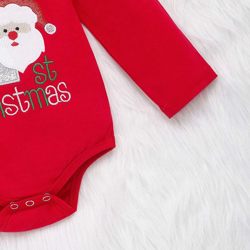 Arleysh Christmas Outfits Baby Boys Girls My 1st Christmas Santa Claus Rompers Bodysuit Pants with Christmas Hat 3 Pcs (0-3 Months, Red) - Image 5